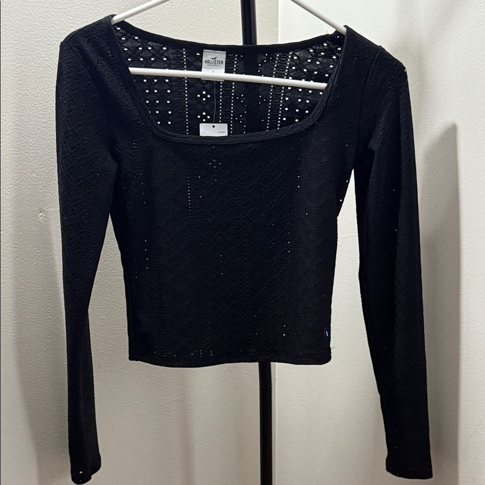 Hollister Black Long-Sleeve Scoop Neck Eyelet Top